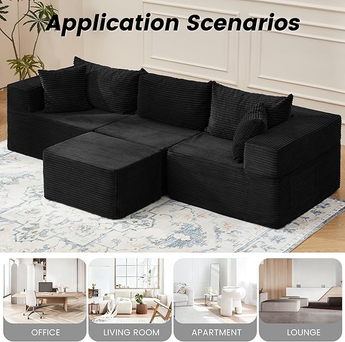HOMREST 102 Cloud Couch Sectional L Shaped Modern Sofa with Ottoman Comfy Corduroy Fabric Modular Sectional Sofa in a Box Boneless Couches for Living Room No Assembly Required (Black)