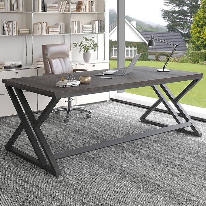 LVB 78.7 Long Executive Desk Modern Large Computer Office Desk Wood Metal Simple Pc Study Gaming Writing Table Industrial Laptop Desk Workstation for Home Bedroom Living Room Dark Gray 78.7 Inch
