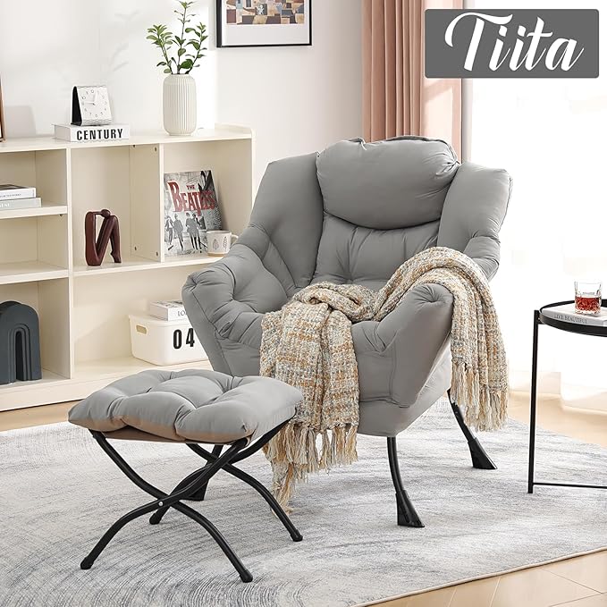 Tiita Lazy Chair with Ottoman Light Grey Modern Large Accent Chair Comfy Leisure Sofa Armchair with Ottoman Reading Chair with Footrest for Bedroom Living Room Dorm Rooms Peach Light Grey