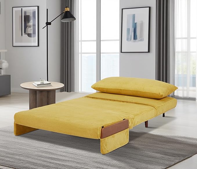 3 in 1 Sleeper Chair Bed Foldable Convertible Chair with Armrest Thickened Cushion and Sponge Corduroy Fabric Adjustable Backrest Upholstered Accent Sofa for Apartment/Bedroom/Office - Yellow