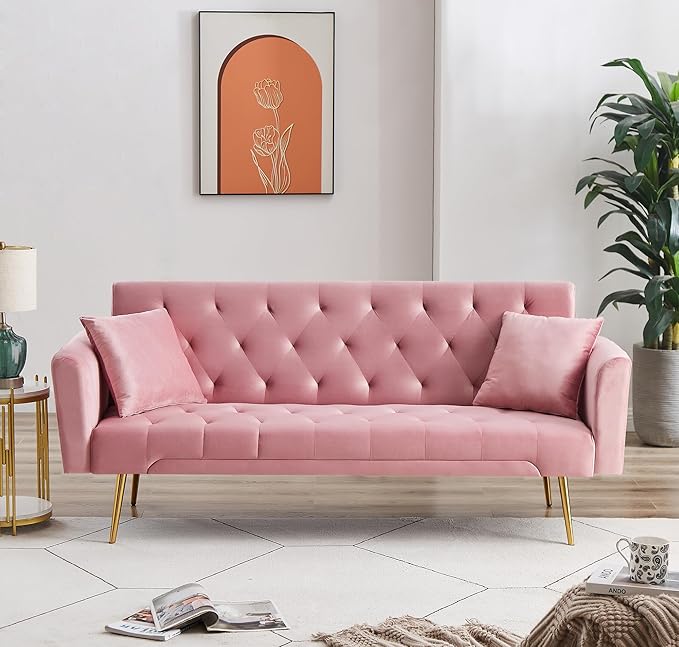 Anwick 72''Modern Velvet Sofa Bed FutonConvertible Folding Sleeper Couches with 3 Adjustable BackrestsTufted Recliner Love Seat Golden Chrome Legs for Living Room Apartment Office (Pink+pillows)