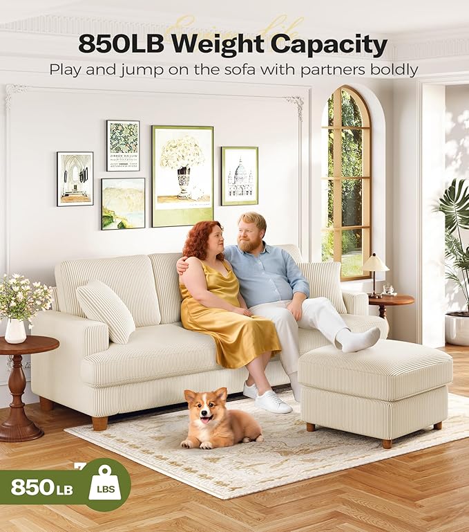 87in Corduroy Couch Kidirect Sofa No Tool Assembly Comfy Couches for Living Room 21in Deeper Seats Corduroy Sofas for Living Room with 2 Pillows Oversized Loveseat Sofa Boho Love Seat Beige Couch
