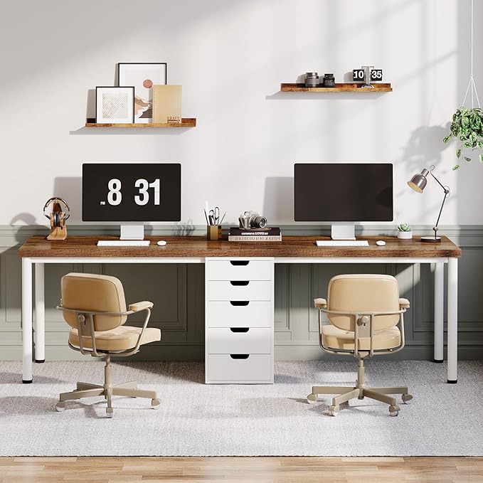 Tribesigns Two Person Computer Desk with 5 Drawers 78.7 Inches Extra Long Double Office Desk Modern Simple Double Computer Desk Study Writing Table Workstation for Home Office(Brown/White)