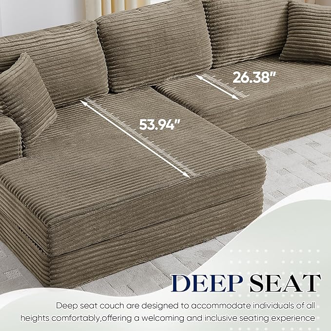 112.6” Modular Sectional Sofa Oversized Cloud L Shaped Couch Comfy Upholstered Corduroy Compressed Sofa with Left Facing Chaise and Wide Arms Fluffy Boneless Sofa Bed for Living Room Office Brown