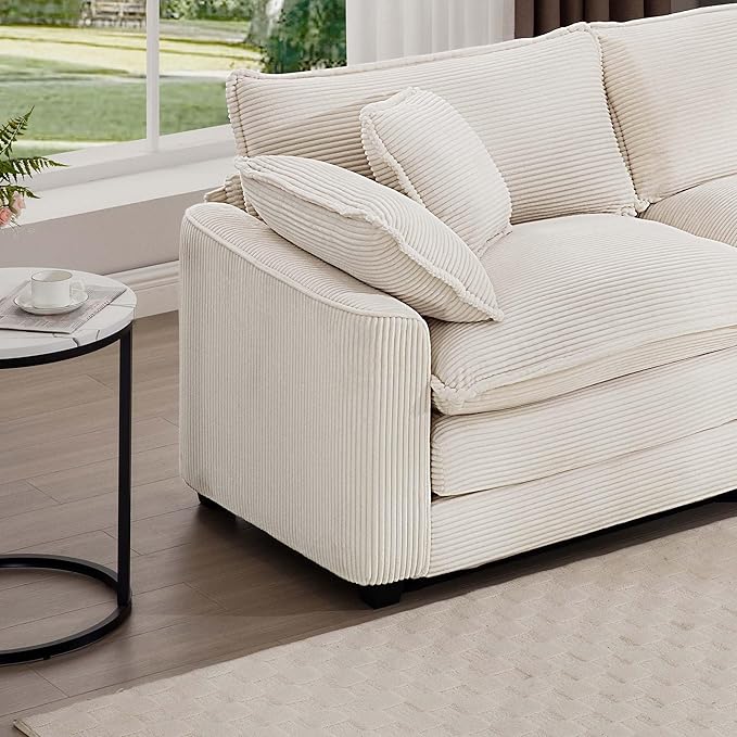 KEIKI 80 L-Shaped Oversized Corduroy Modular Sectional Loveseat Sofa with 1 Ottoman High-Density Foam Cushions Removable Armrests Upholstered 2-Seater Couch with 4 Pillow for Living Room Beige