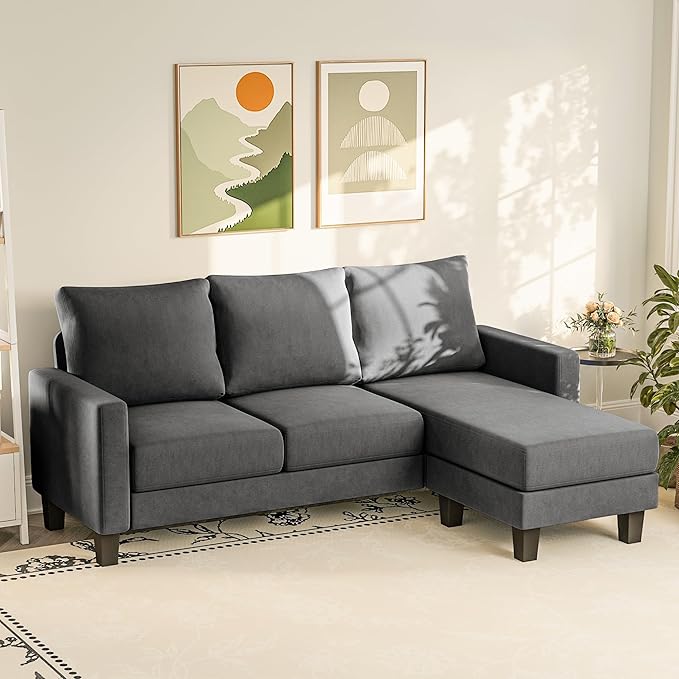YESHOMY Small Couches for Living Room Modern Sectional Couch Comfy Sofa with L-Shaped Chaise Convertible Sofas with Ottoman and Side Pockets for Small Space Dark Grey