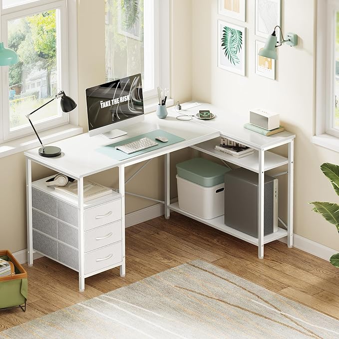 Huuger L Shaped Office Desk with Power Outlets 47 Inch Computer Desk with 3 Drawers Shelves for Gaming Corner Work Home Office Study White