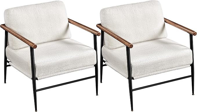 Topeakmart Mid-Century Boucle Accent Chair Reading Chair with Stylish Boucle Fabric Lounge Chair with Ultra-Long Armrest and Extra-Wide Seat for Living Room Lounge Office Ivory 2PCS