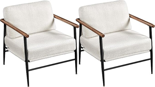 Topeakmart Mid-Century Boucle Accent Chair Reading Chair with Stylish Boucle Fabric Lounge Chair with Ultra-Long Armrest and Extra-Wide Seat for Living Room Lounge Office Ivory 2PCS