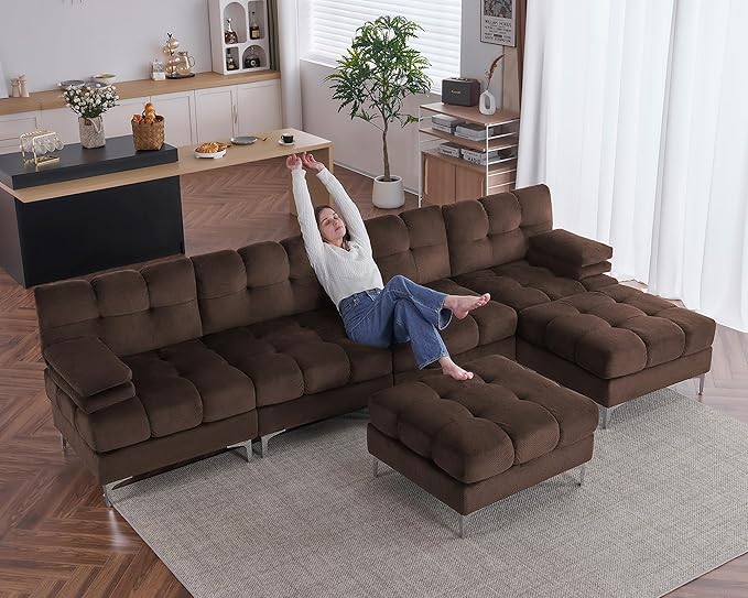 PaPaJet 124 Inch Sectional Sofa 6 Seater Modular Sectional Couch with Metal Legs U Shaped Sofa Couch for Living Room Dark Brown