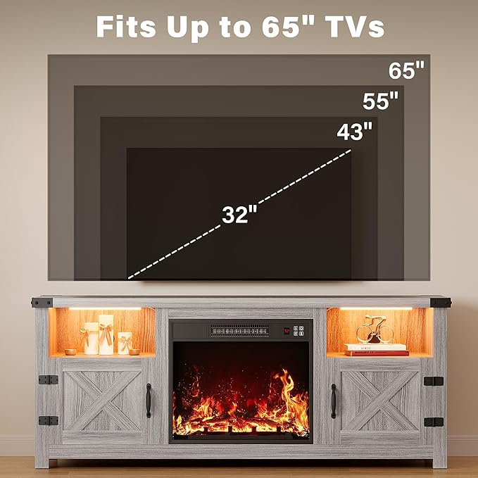YESHOMY LED Fireplace TV Stand with Mood Lighting TV Cabinet with Open Shelf Farmhouse Media Console with Hidden Cable Routing Entertainment Center for Televisions up to 65+ Inch Gray Wash