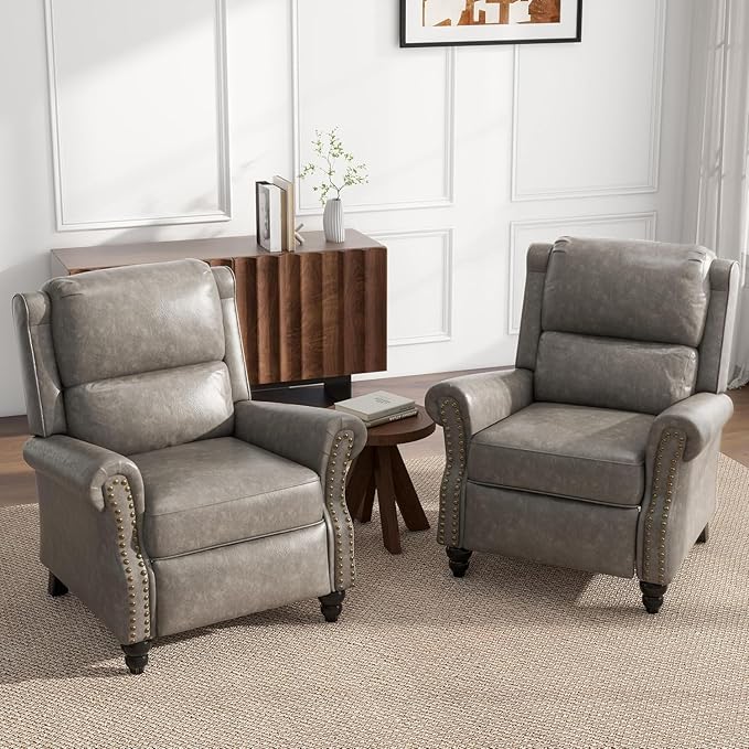 UIXE PU Leather Pushback Recliner Chairs Set of 2 Overstuffed Armchair Push Back Accent Chair for Living Room Rivet Trim Club Chair Home Theater Single Sofa Bedroom Side Reading Seat - Gray