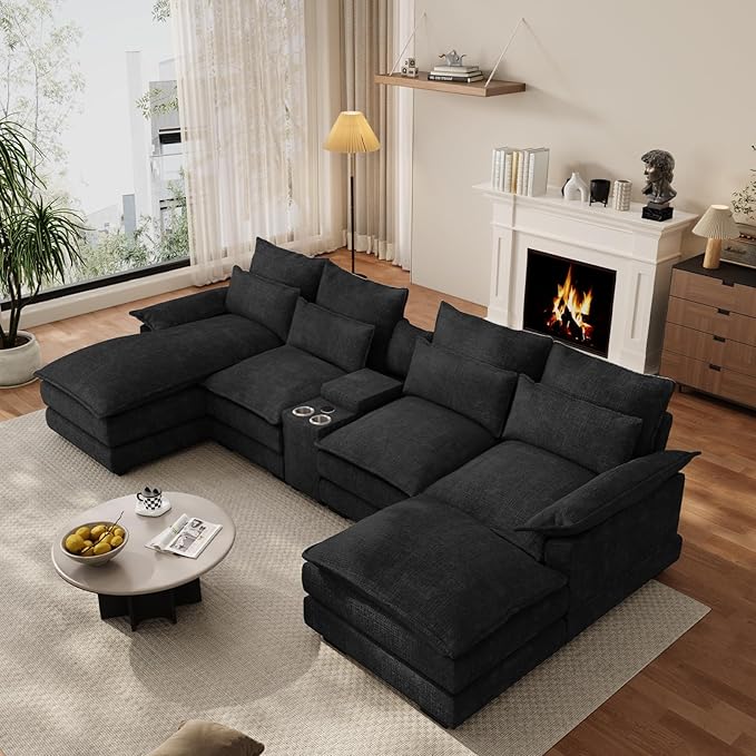 OUYESSIR 135 U Shaped Sectional Cloud CouchBlack Sectional Couches for Living RoomComfy Fluffy Chenille Oversized Cloud CouchModular Sectional Sofa with Central Console &amp Double Chaise Lounge