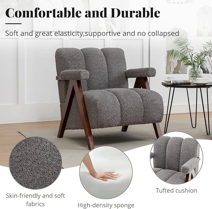 Mid Century Modern Accent Chair with Solid Wood Frame Boucle Upholstered Living Room Chairs with Thick Cushion Comfy Tufted Arm Chair for Bedroom Grey