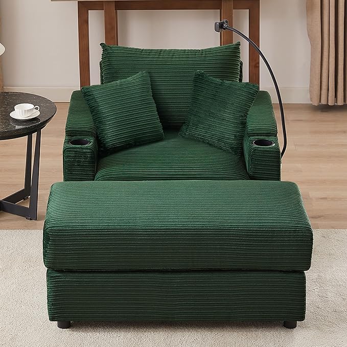 Merax Modern Corduroy Single Sofa with Ottoman Two USB Ports &amp Cup Holders Small Couch with Pillows &amp Phone Holder for Living Room Green