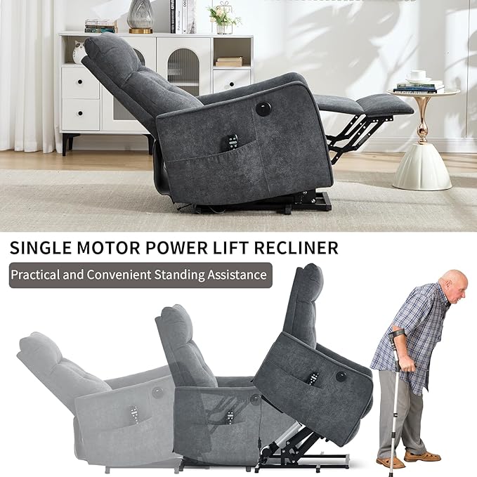 Small Power Lift Chair Recliner for Elderly Petite Power Recliner Chair with Massage and Heat | USB | High Back | Push Button | Side Pockets Liviing Room Easy Assembly (Chenille Dark Grey)