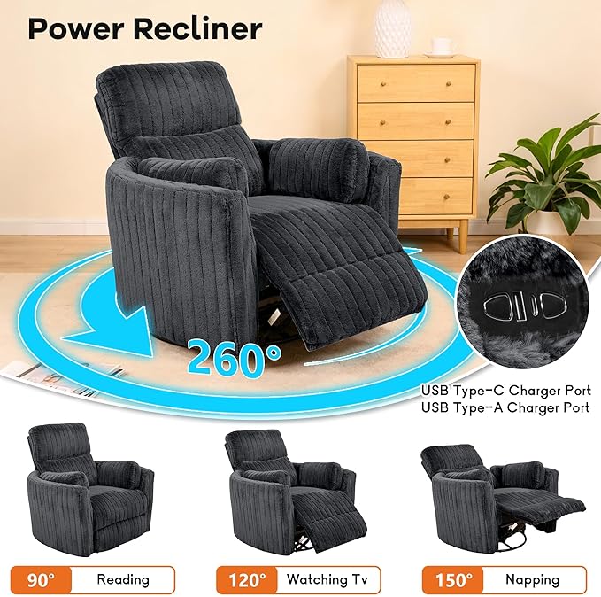 leovanni Power Swivel Rocker Recliner Chair Upholstered Nursery Glider Rocking Chair with 2 Pillows USB Ports Electric Nursing Reclining Chairs Bedroom Living Room Dark Gray