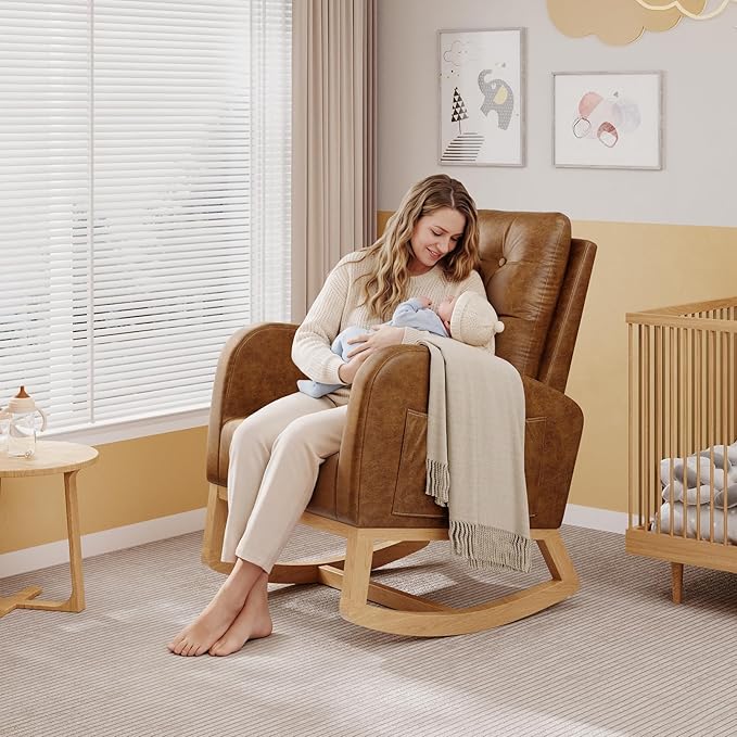 GarveeHome Nursery Rocking Chair Breathable PU Leather Upholstery Sturdy Wooden Legs &amp High Backrest Comfortable Glider Rocking Chair for Living Room or Bedroom Orange