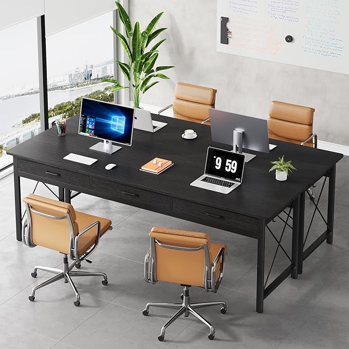 78.7 inch Extra Long Computer Desk with 3 Drawers Two Person Office Desk Double Desk with Hooks Modern Industrial Writing Study Table Workstation for Home Office Black