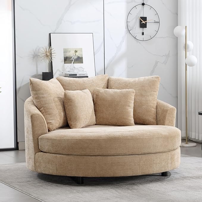 Aoiy &amp Wifon 59.8 W Oversized Barrel Chairs Round Accent Chair with Wheels Extra Large Living Room Chair Knitted Chenille Wheat