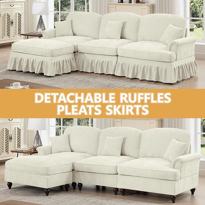 107.1 L-Shaped Modular Sectional Sofa 3-Seater with Ottoman Deep Seat Cloud Couch Chenille with Removable Pleated Skirt for Living Room Office (Beige White)