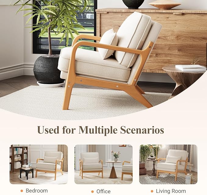 Mid-Century Accent Chair Set of 2 with Solid Wood Frame Reading Relaxing Armchair Lumbar Pillow&amp Soft Cushion Leisure Chair for Living Room Bedroom Waiting Room-Beige