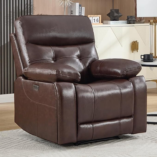 CANMOV Genuine Leather Recliner Chair Power Single Reclining Sofa with Comfortable Arms and Back Modern Electric Recliner Couch Set with Hidden Cup HoldersUSBType C Port for Living RoomDark Brown