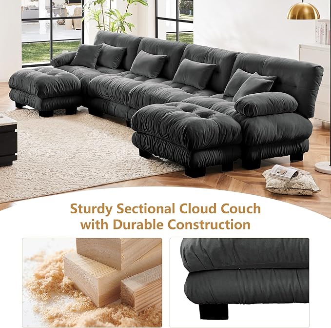 Aoowow Modern Modular Sectional Sofa173.2 Oversized 4 Seater U-Shaped CouchChenille Cloud Couches for Living RoomTufted 4 Seat Cloud Sofa Deep Seat (Chenille Grey 4 Seater with 2 Ottomans)