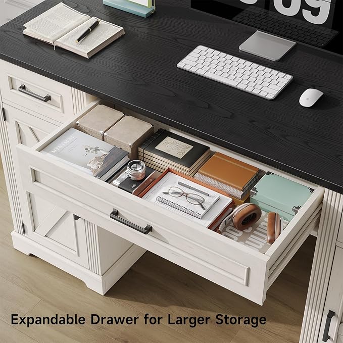 ONBRILL 55 inch Farmhouse Executive Desk with Drawers Home Office Desk with File Cabinet Outlets Storage Cabinet Keyboard Tray Wood Computer Desk for Work Study Writing Off White &amp Black
