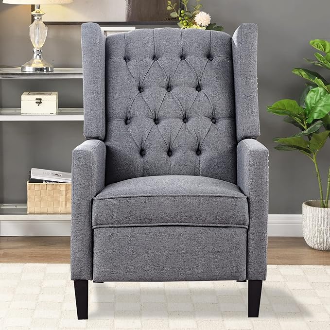 Grey Mid Century Modern Recliner Wingback Accent Chair with Push Back Mechanism Button Tufted Fabric Sofa &amp Nailhead Trim - Comfy Living Room Seating for Home Theater Office