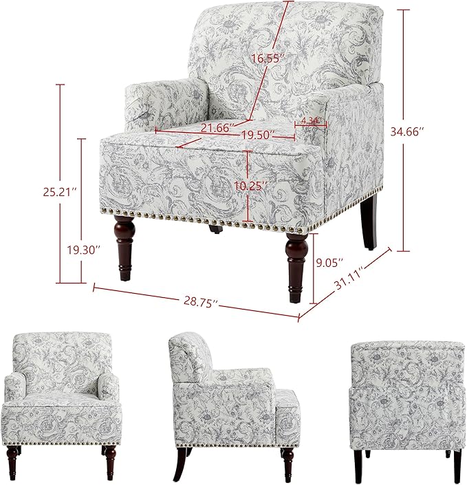 Accent Chair Mid Century Modern Comfy Armchair for Living Room Linen Fabric Single Sofa Lounge for Reading Bedroom Apartment Waiting Room with Wood Legs (Rococo Light Grey Set of 1)