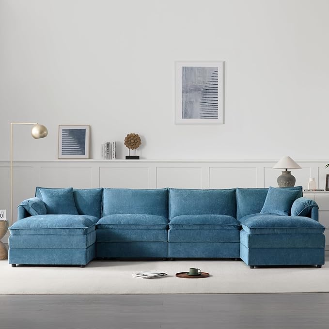 136 Chenille U-Shaped Modular Sectional Sofa with Deep and Wide SeatCloud Couch Set with Double Cushions6 Seat Sofa with Movable Ottomanfor Living Room Apartment Office (Blue#h)