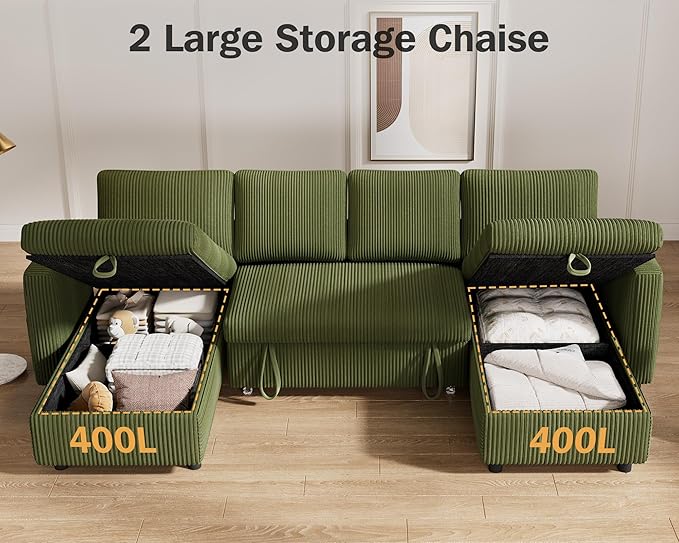 Vipbear 104 Sectional Sleeper Sofa Bed with Pull Out Bed U Shaped Couch Pull Out Couch with Reclining Backrest Reversible Storage Chaise USB Ports Tool-Free Assembly Corduroy Green