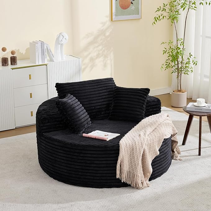 Garvee 55 Round Oversized Chaise Longue Chair Indoor Corduroy Upholstered Boneless Cloud Couch Deep Seat Sleeper Floor Sofa Chair for Living Room Bedroom Apartment Black