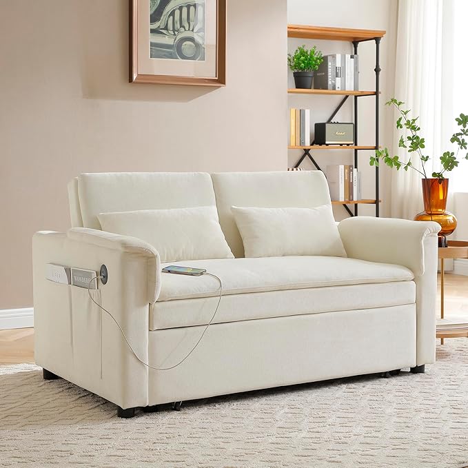 Livavege 55 Convertible Sofa Bed Velvet Pull Out Sleeper Sofa Couch Bed 3-in-1 Futon Loveseat with Adjustable Backrest USB Ports &amp 2 Side Pockets for Small Living Room Apartment Bedroom Bei