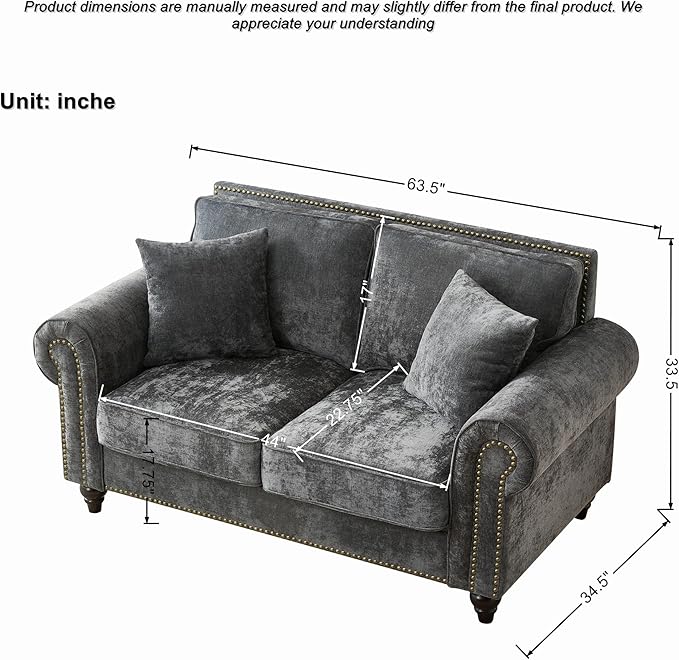 KEIKI 64 Oversized Chenille Loveseat Sofa with Rolled Arms and Nailhead Trim Upholstered Modern Style 2-Seater Couch with High-Density Foam Cushions Easy Assembly for Apartment Living Room Grey