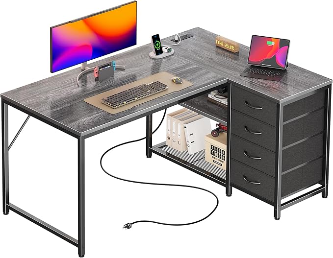 PRAISUN 43.3 Small Computer Desk with Power Outlets and USB-C Port Reversible L Shaped Corner Office Desk with 4 Fabric Drawers and 2 Height-Adjustable Shelves for Gaming Writing Grey