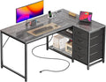 PRAISUN 43.3 Small Computer Desk with Power Outlets and USB-C Port Reversible L Shaped Corner Office Desk with 4 Fabric Drawers and 2 Height-Adjustable Shelves for Gaming Writing Grey