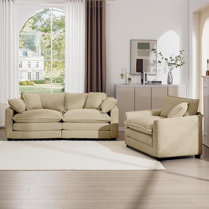 mikibama Luxury 2 Piece Sofa Set Loveseat Couch &amp Sofa Armchair Set Modern Corduroy Comfy Cloud Couches Set for Living Room Office with 2 Armrest Pillows and 3 Toss Pillows Camel