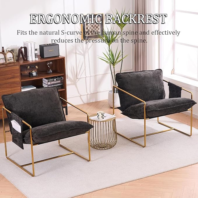 Modern Accent Chair Set of 6 Comfy Reading Armchair with Backrest and Metal Frame Upholstered Living Room Chairs for Bedroom/Office (Dark Gray Gold Legs Set of 6)