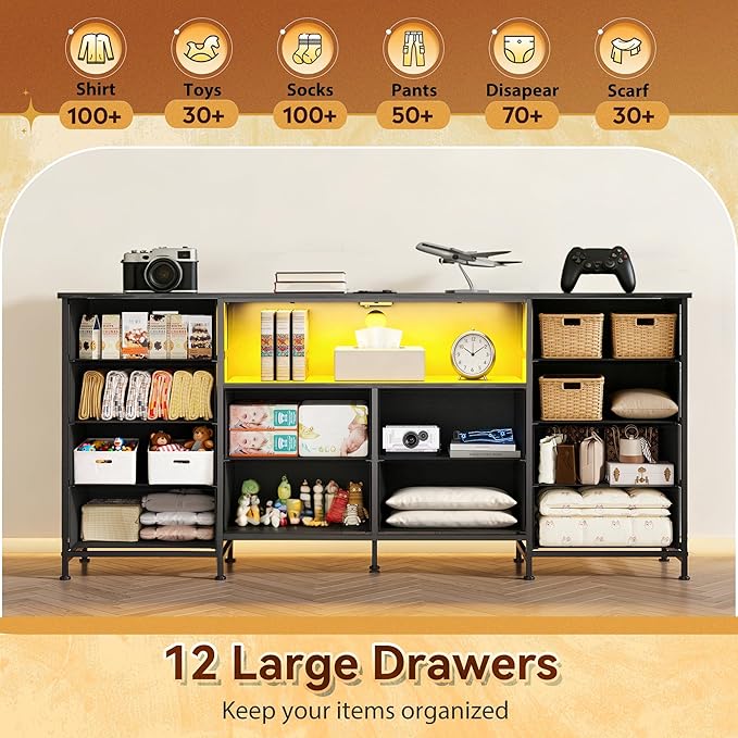 Black TV Stand for 65 70 75 inch TV Entertainment Center with LED Lights &amp Charging Station TV Media Console Table with 12 Fabric Drawers and Open Shelves for Living Room Hallway