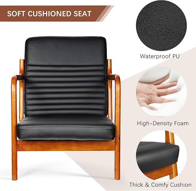 VECELO Mid-Century Modern Accent Chair with Faux Leather Cushion &amp Solid Wood Frame Lounge Armchair for Living Room Bedroom Office Black