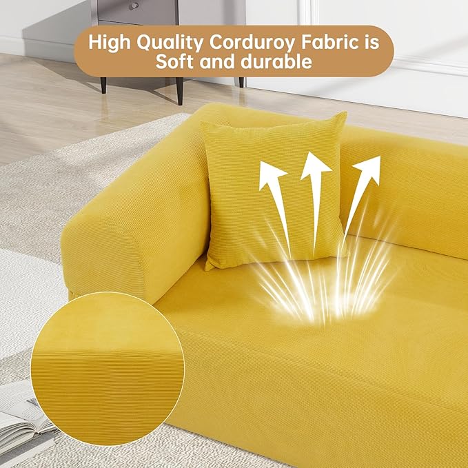 3-Seater Floor Sofa in A Box No Assembly Floor Boneless Couch Comfy Small Sofa Corduroy Couch with 2 Cushion Pillows &amp Armrest &amp Side Storage Pockets for Living Room Apartment Yellow