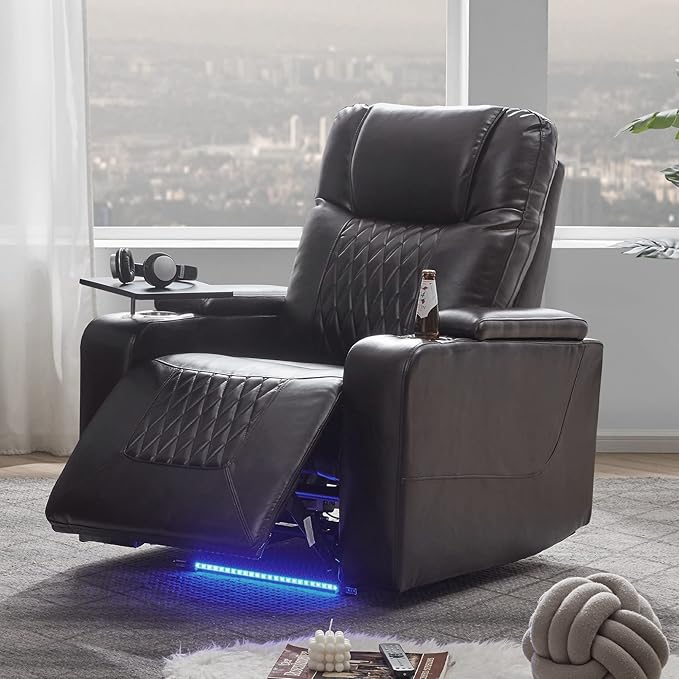 Merax Electric recliner chair with USB Charge Port 360 Swivel Tray Table Hand in-Arm Storage and Cup Holders ambient lighting Gaming Home Theater Seating