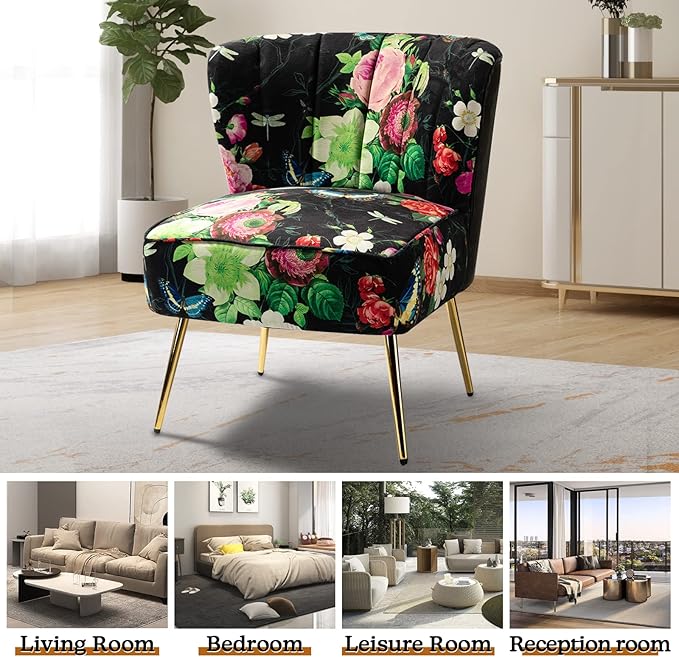 TINA'S HOME Armless Accent Chair with Gold Metal Legs Comfy Tufted Floral Fabric Living Room Chair Wingback Small Side Chair Upholstered Slipper Chair for Bedroom Reading Room (Print Flower BLACK)