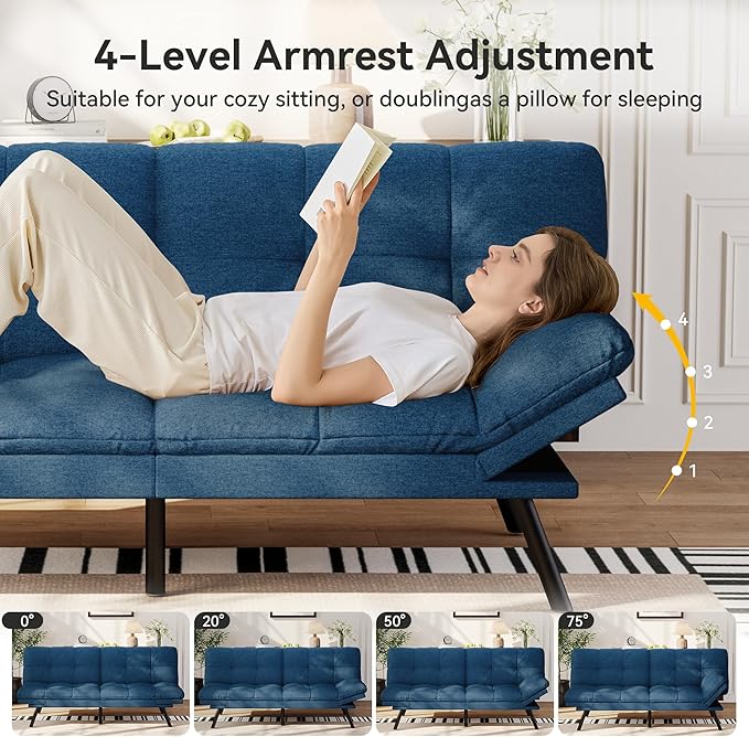 Vipbear 71 Convertible Futon Sofa BedLinen Fabric Futon Couch with Detachable CushionAdjustable Backrest &amp ArmrestModern Loveseat Sleeper Recliner for Living RoomOfficeApartmentRetro Blue