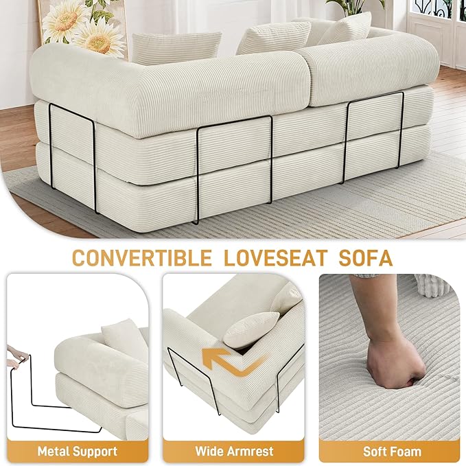 Convertible Sofa Bed Corduroy Memory Foam Compression Sofa Modular Floor Sofas with Pull-Out Bed Compressed Couch in Box Foldable Sleeper Couch Bed for Living Room Bedroom Lounge Beige White