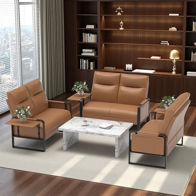 Modern Leather Loveseat Small Sofa with Side Tray &amp Pocket Upholstered Mini Couch for Living Room Office Guest Room Brown