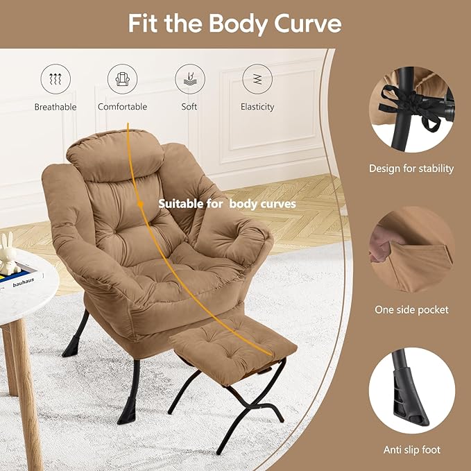 Lazy Chair with Folding Ottoman Modern Large Accent ChairContemporary Lounge Leisure Sofa Chair with Armrests Upholstered Sofa Armchair Reading Chair for BedroomDorm &amp Office(Khaki-f)