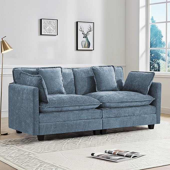 2-Seater Cloud Couch Oversized Comfy Modular Sectional Sofa with Deep Seat Cushions Chenille Loveseat for Living Room Apartment &amp Small Spaces Blue